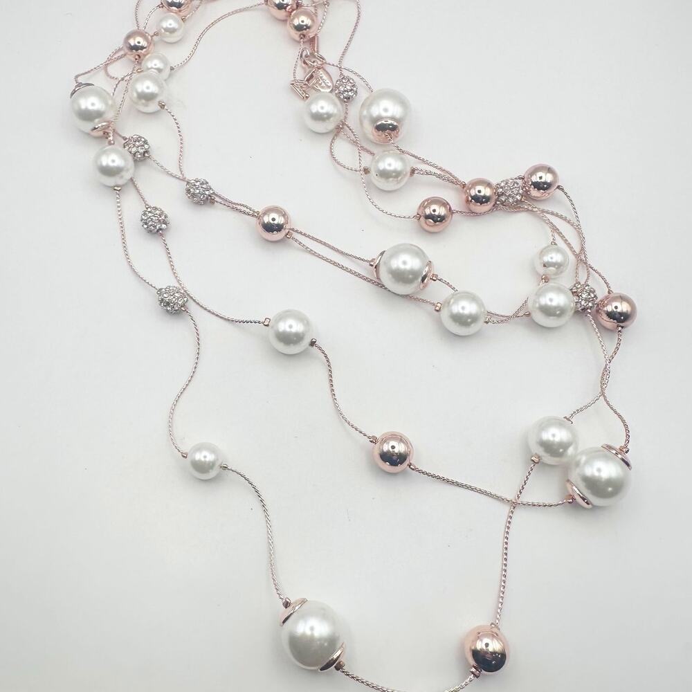 Ann Taylor Factory 80" Long Rose Gold Faux Pearl Rhinestone Necklace Preppy